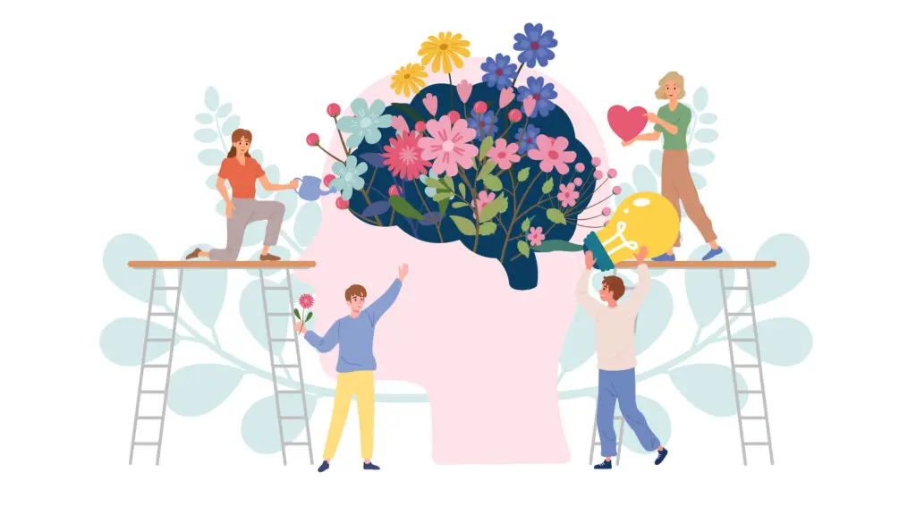 Illustration of nostalgia. Image features a large pink head and 4 people adding flowers into it that represent happy memories.