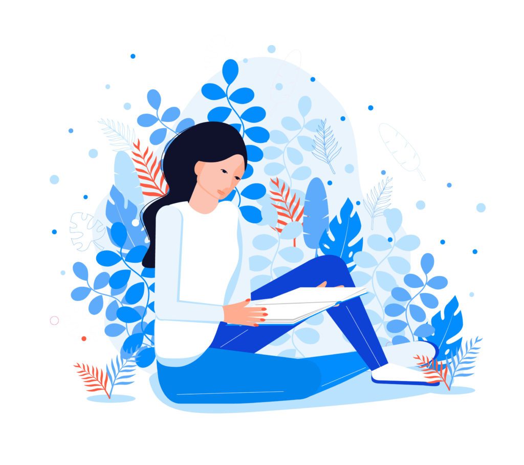 Girl reading a book against a blue floral background. Cartoon image.