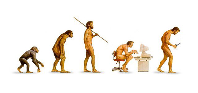 Cartoon on evolution from apes to humans and then humans devolving as we slump over computers and look down at our phones
