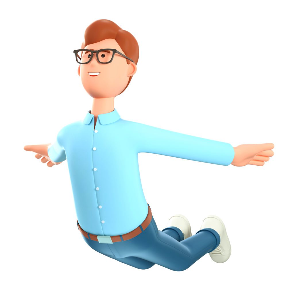 3D cartoon illustration of cute smiling man flying in air like a plane on a white background.