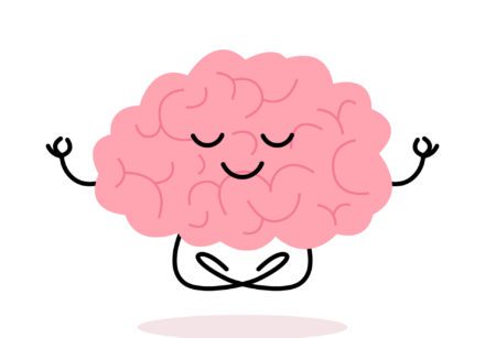 Cartoon of a brain in a lotus position meditating with a smile on its face.