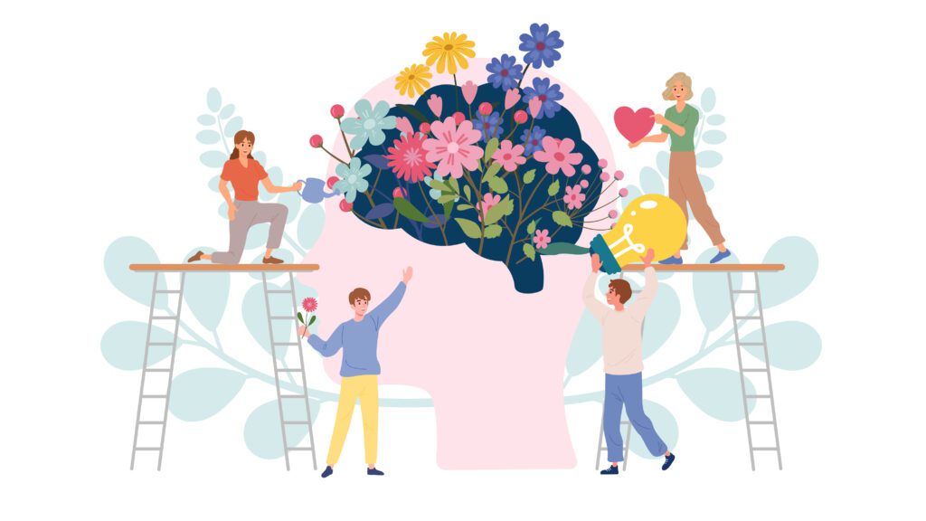 Cartoon of colourful flowers growing inside a person's head and being watered by four friendly people.