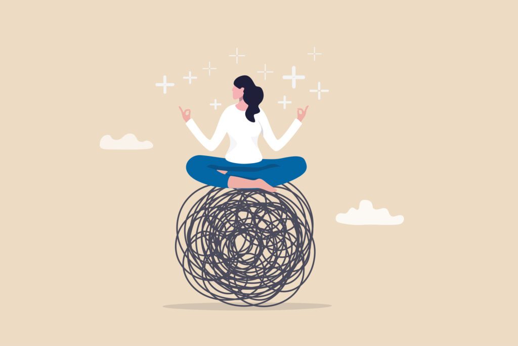 Cartoon image of woman in lotus position sitting on top of a ball of string, with stars in the background.