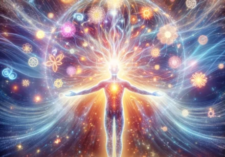 Illustration of the positive impact of the human mind on the body through a vibrant, heartwarming scene. Shows a human figure standing with arms spread wide with a multitude of colours surrounding.